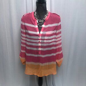 Apt 9 Blouse Womens Sz Medium Sheer Pink Orange Stripe Roll Tab Long Sleeve Top